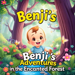 A vibrant and captivating book cover illustration for "Benji's Adventures in the Enchanted Forest