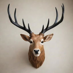 A sleek deer, its antlers towering and strong, wearing a lifelike lion mask, adding a bold contrast to its demure nature.