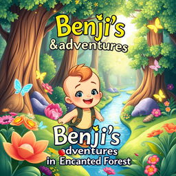 A vibrant and captivating book cover illustration for "Benji's Adventures in the Enchanted Forest