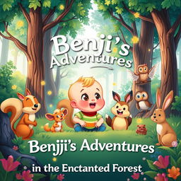 Book cover illustration for "Benji's Adventures in the Enchanted Forest," featuring a vibrant cartoon-style depiction of a 10-month-old toddler boy named Benji