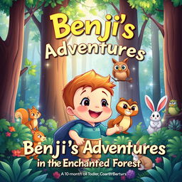 Book cover illustration for "Benji's Adventures in the Enchanted Forest," featuring a vibrant cartoon-style depiction of a 10-month-old toddler boy named Benji