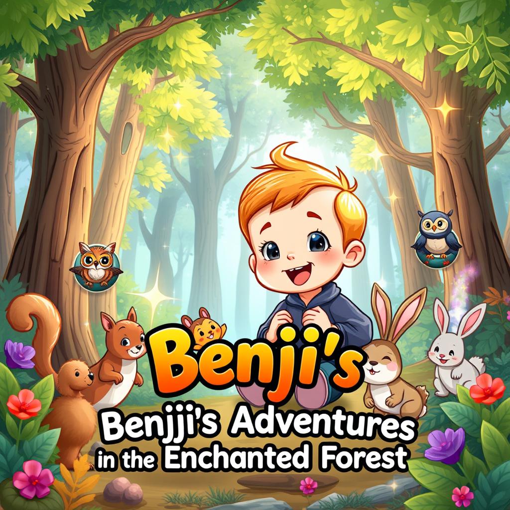 Book cover illustration for "Benji's Adventures in the Enchanted Forest," featuring a vibrant cartoon-style depiction of a 10-month-old toddler boy named Benji