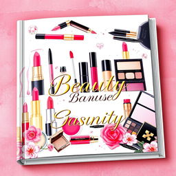 Illustrative book cover design featuring an array of vibrant cosmetic products such as lipstick, mascara, foundation, and eyeshadow palettes arranged aesthetically