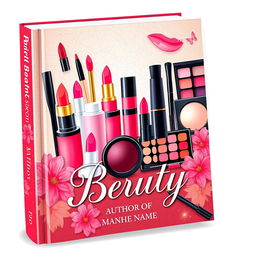 Illustrative book cover design featuring an array of vibrant cosmetic products such as lipstick, mascara, foundation, and eyeshadow palettes arranged aesthetically