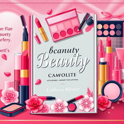 Illustrative book cover design featuring an array of vibrant cosmetic products such as lipstick, mascara, foundation, and eyeshadow palettes arranged aesthetically