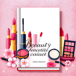 Illustrative book cover design featuring an array of vibrant cosmetic products such as lipstick, mascara, foundation, and eyeshadow palettes arranged aesthetically