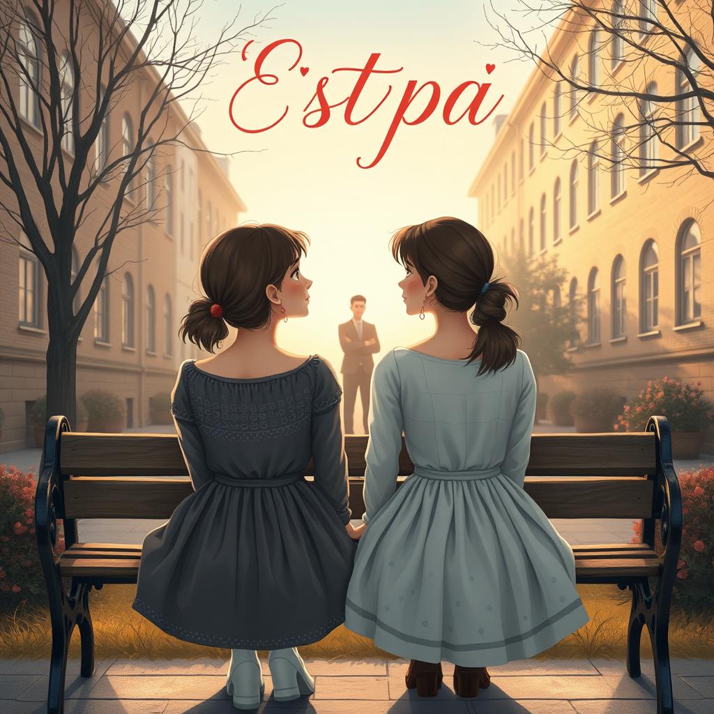 A romantic book cover illustrating the story of two twin sisters who have both fallen in love with their mutual teacher