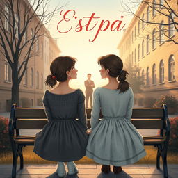 A romantic book cover illustrating the story of two twin sisters who have both fallen in love with their mutual teacher