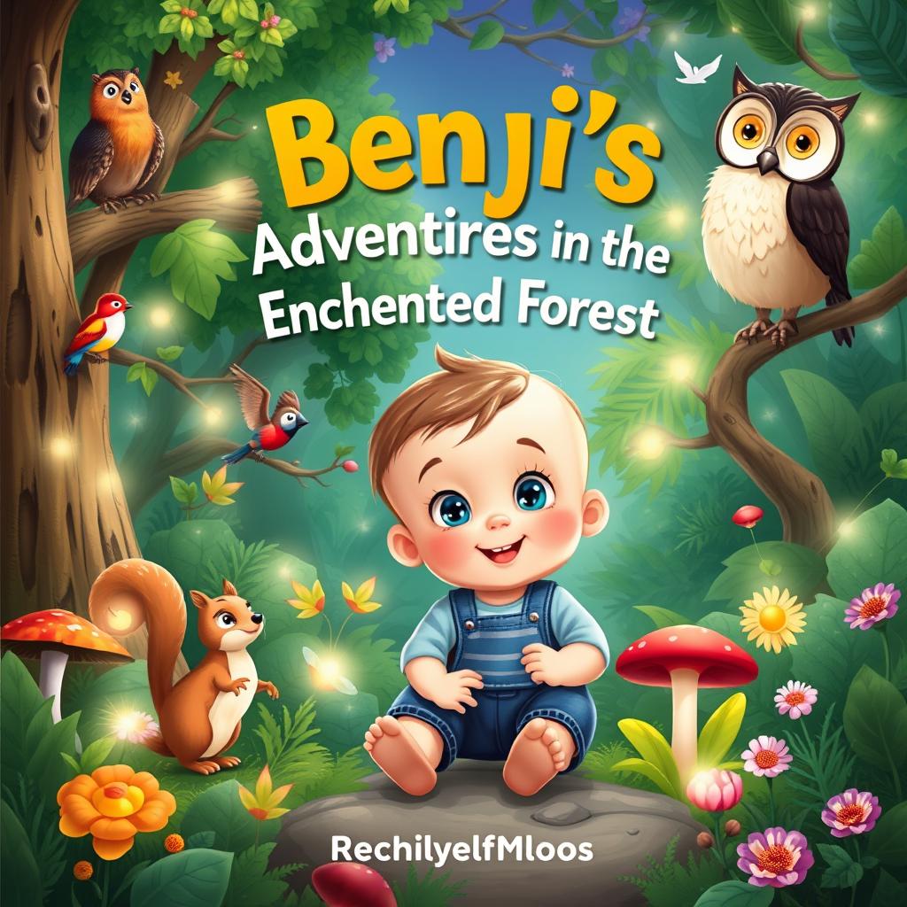 A whimsical children's book cover illustration titled 'Benji's Adventures in the Enchanted Forest'