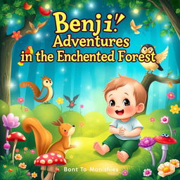 A whimsical children's book cover illustration titled 'Benji's Adventures in the Enchanted Forest'