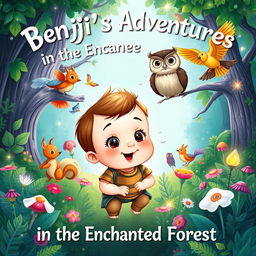 A whimsical children's book cover illustration titled 'Benji's Adventures in the Enchanted Forest'