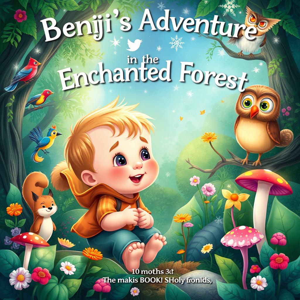 A whimsical children's book cover illustration titled 'Benji's Adventures in the Enchanted Forest'