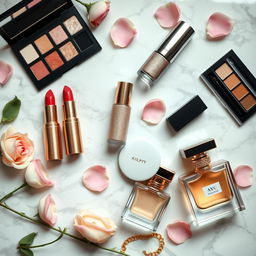 A stunning flat lay composition of high-end cosmetics on a marble surface