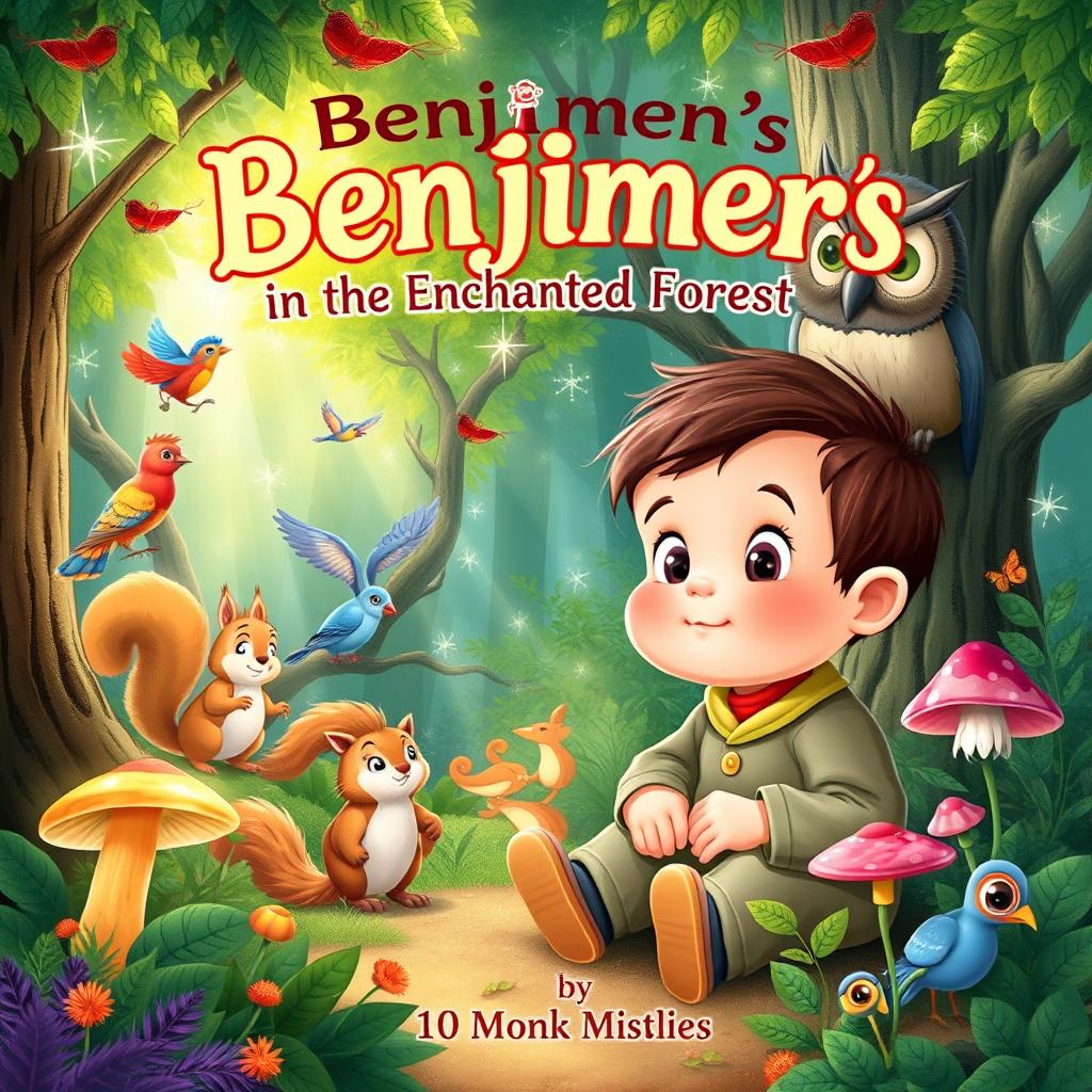 A whimsical children's book cover illustration titled 'Benjimen's Adventures in the Enchanted Forest'