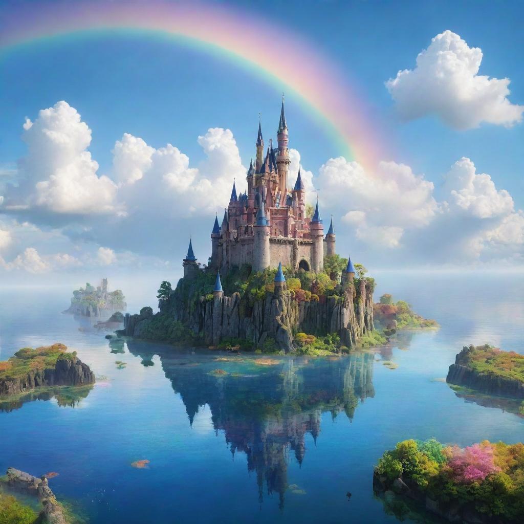 An enchanting, dreamlike landscape with a floating castle in the sky, surrounded by multi-colored floating islands and dazzling rainbows.