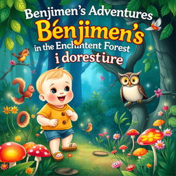 A whimsical children's book cover illustration titled 'Benjimen's Adventures in the Enchanted Forest'