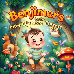 A whimsical children's book cover illustration titled 'Benjimen's Adventures in the Enchanted Forest'