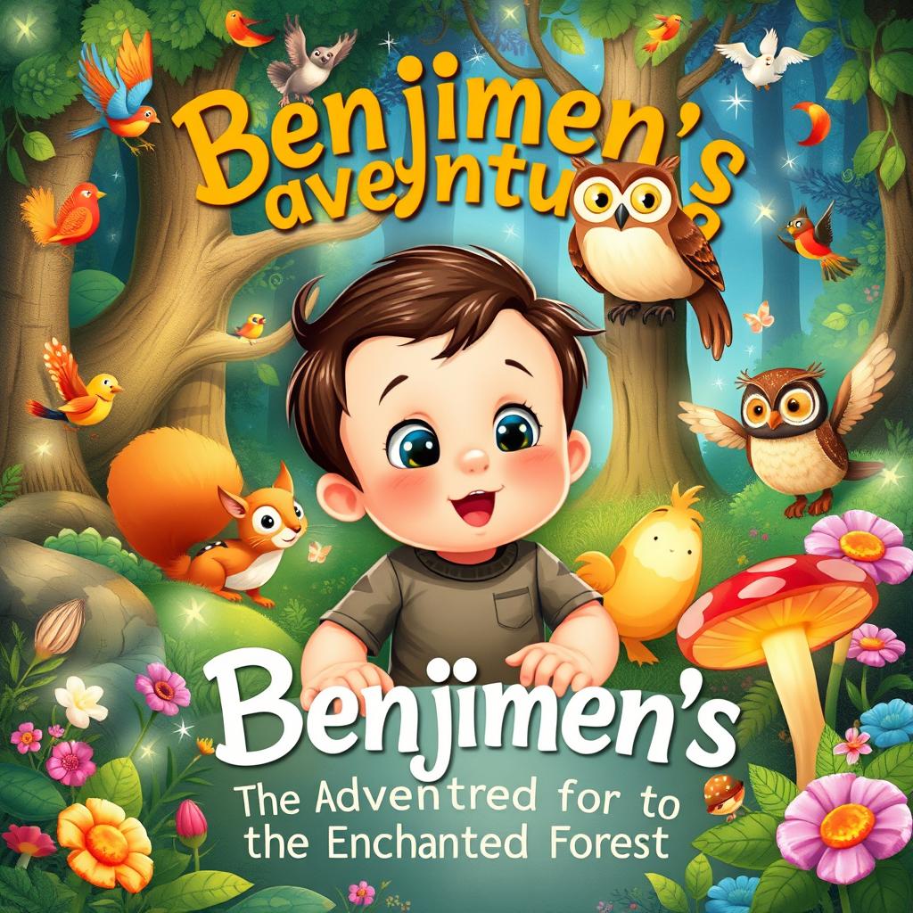 A whimsical children's book cover illustration titled 'Benjimen's Adventures in the Enchanted Forest'