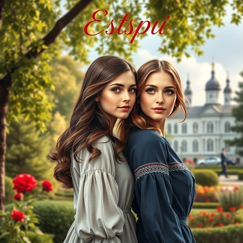 A realistic style book cover featuring a romantic theme where two twin sisters have fallen in love with the same person, their teacher