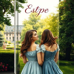 A realistic style book cover featuring a romantic theme where two twin sisters have fallen in love with the same person, their teacher