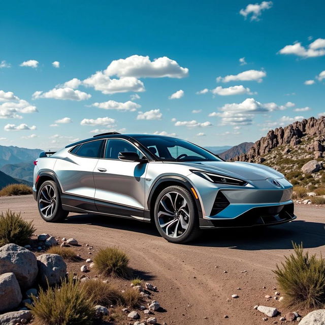 An exhilarating mountain rally with a sleek, futuristic EV sedan inspired by the Corvette C8 design, featuring four doors and showcasing its power and agility on a rugged mountain track