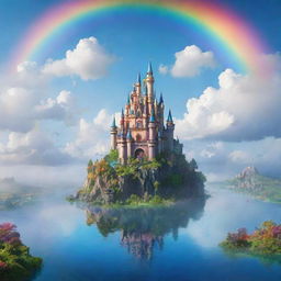 An enchanting, dreamlike landscape with a floating castle in the sky, surrounded by multi-colored floating islands and dazzling rainbows.