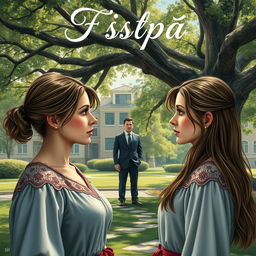 A realistic book cover for a romantic story featuring two twin sisters who have both fallen in love with the same man, their teacher