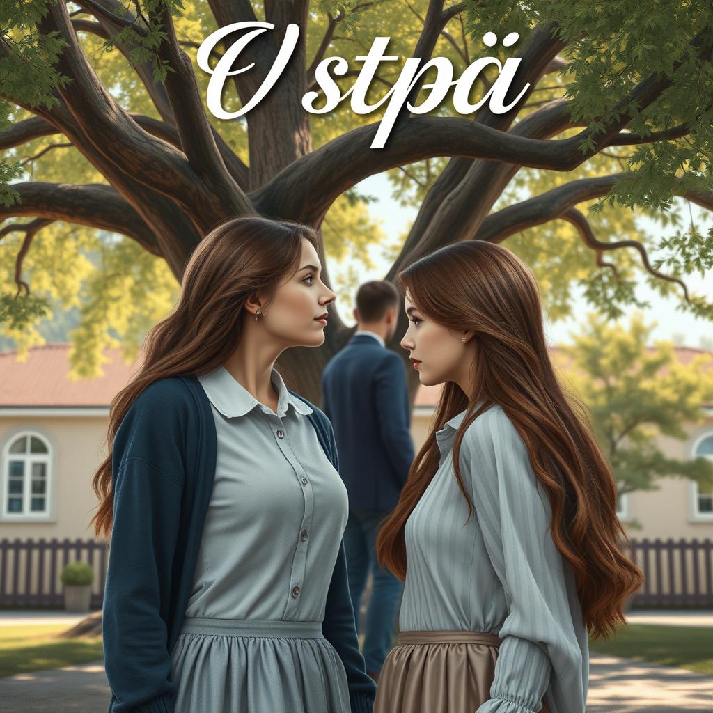 A realistic book cover for a romantic story featuring two twin sisters who have both fallen in love with the same man, their teacher