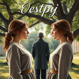 A realistic book cover for a romantic story featuring two twin sisters who have both fallen in love with the same man, their teacher