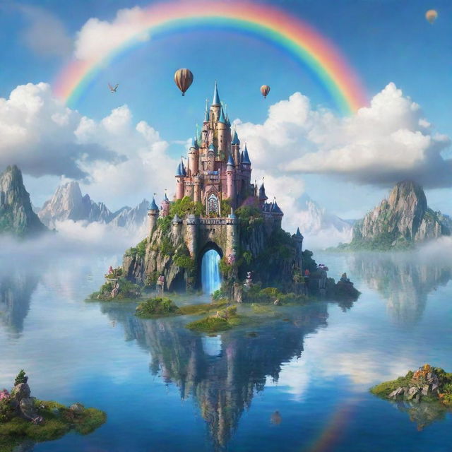 An enchanting, dreamlike landscape with a floating castle in the sky, surrounded by multi-colored floating islands and dazzling rainbows.