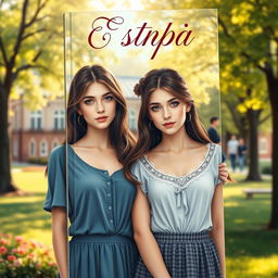 A realistic book cover for a romantic story featuring two nearly identical twin sisters who have both fallen in love with their teacher, a handsome dark-haired man