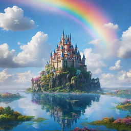 An enchanting, dreamlike landscape with a floating castle in the sky, surrounded by multi-colored floating islands and dazzling rainbows.