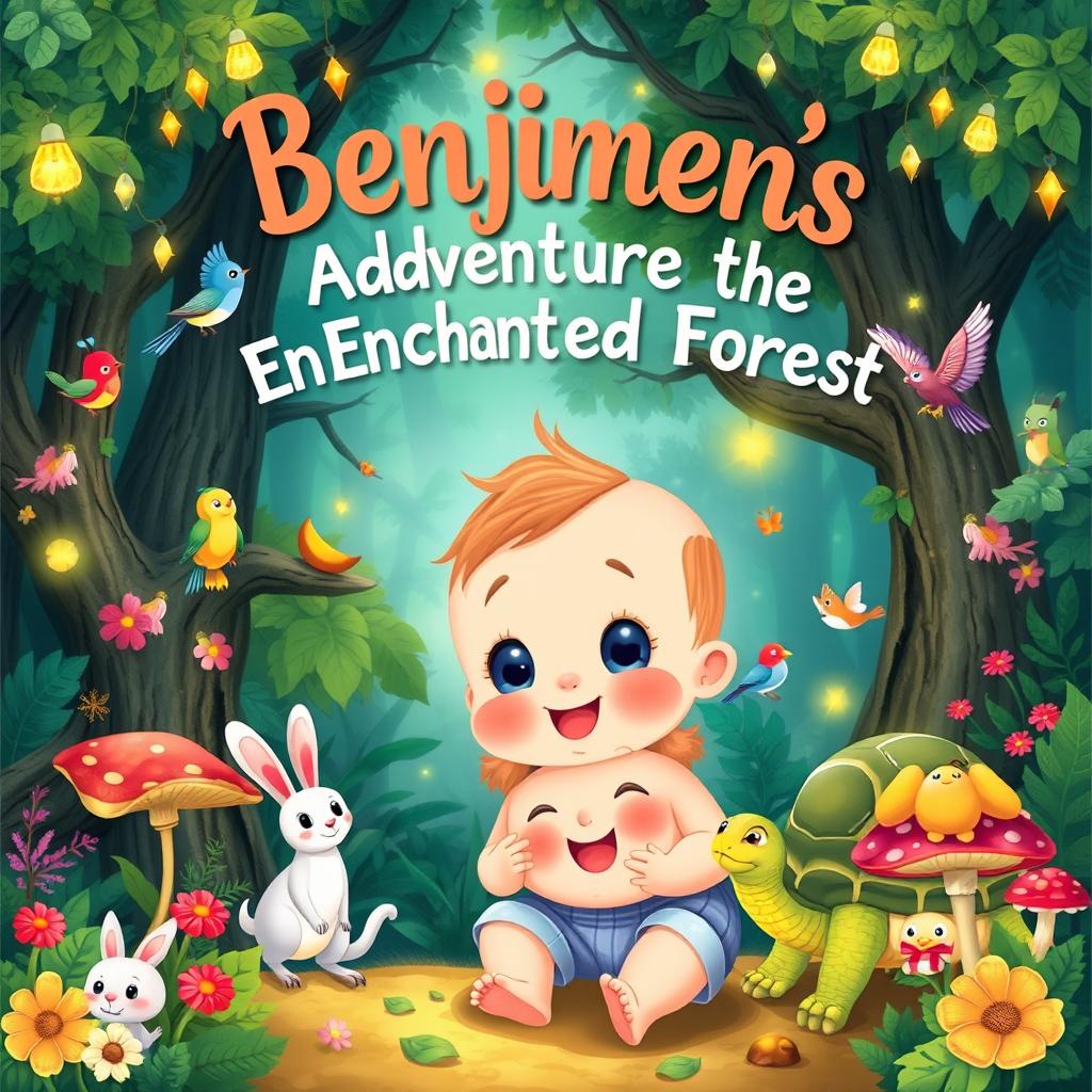 A heartwarming children's story illustration titled 'Benjimen's Adventures in the Enchanted Forest'