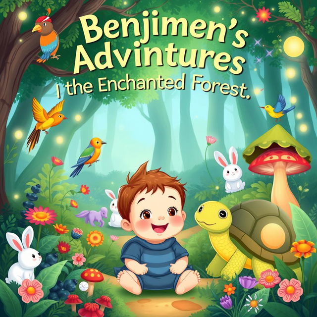 A heartwarming children's story illustration titled 'Benjimen's Adventures in the Enchanted Forest'