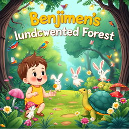 A heartwarming children's story illustration titled 'Benjimen's Adventures in the Enchanted Forest'