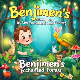 A heartwarming children's story illustration titled 'Benjimen's Adventures in the Enchanted Forest'