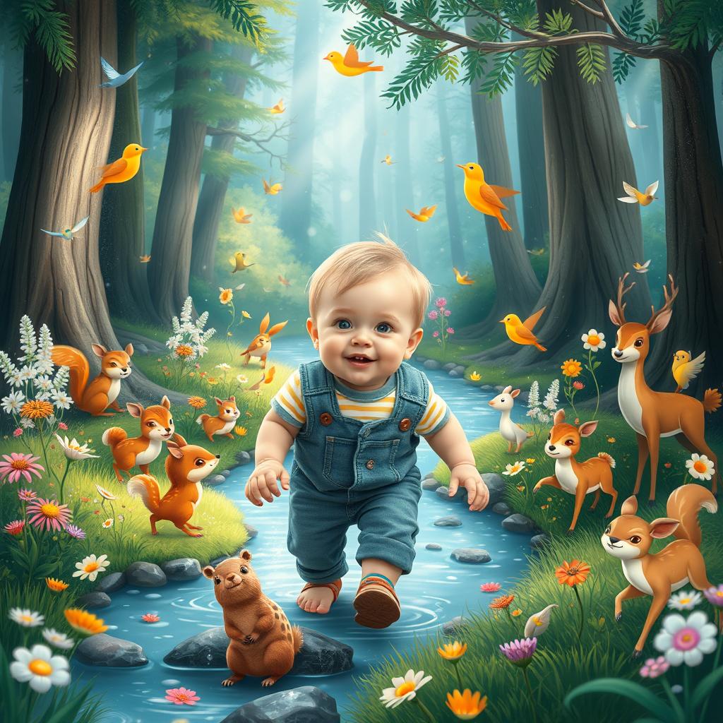 A whimsical and magical scene featuring a toddler boy, around 10 months old, embarking on an adventure in an enchanted forest