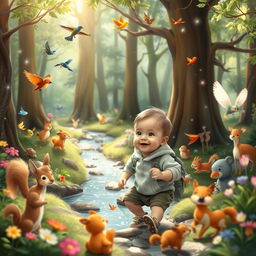 A whimsical and magical scene featuring a toddler boy, around 10 months old, embarking on an adventure in an enchanted forest