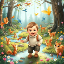 A whimsical and magical scene featuring a toddler boy, around 10 months old, embarking on an adventure in an enchanted forest