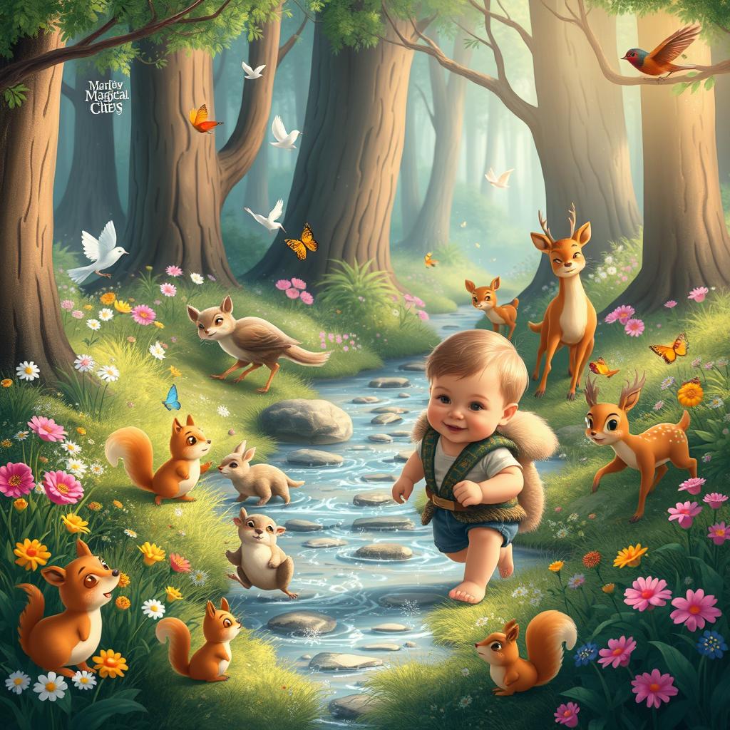 A whimsical and magical scene featuring a toddler boy, around 10 months old, embarking on an adventure in an enchanted forest