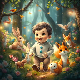 A delightful and enchanting scene portraying a 10-month-old toddler boy named Benjimen on a wondrous adventure in a magical forest