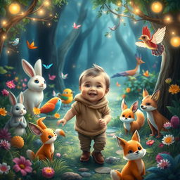 A delightful and enchanting scene portraying a 10-month-old toddler boy named Benjimen on a wondrous adventure in a magical forest