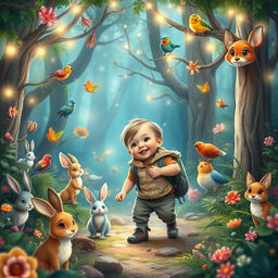 A delightful and enchanting scene portraying a 10-month-old toddler boy named Benjimen on a wondrous adventure in a magical forest