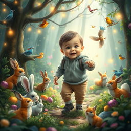 A delightful and enchanting scene portraying a 10-month-old toddler boy named Benjimen on a wondrous adventure in a magical forest