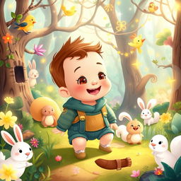 A delightful and colorful cartoon scene of a 10-month-old toddler boy named Benjimen on an adventure in a magical forest