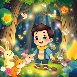 A delightful and colorful cartoon scene of a 10-month-old toddler boy named Benjimen on an adventure in a magical forest