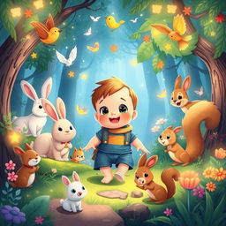 A delightful and colorful cartoon scene of a 10-month-old toddler boy named Benjimen on an adventure in a magical forest