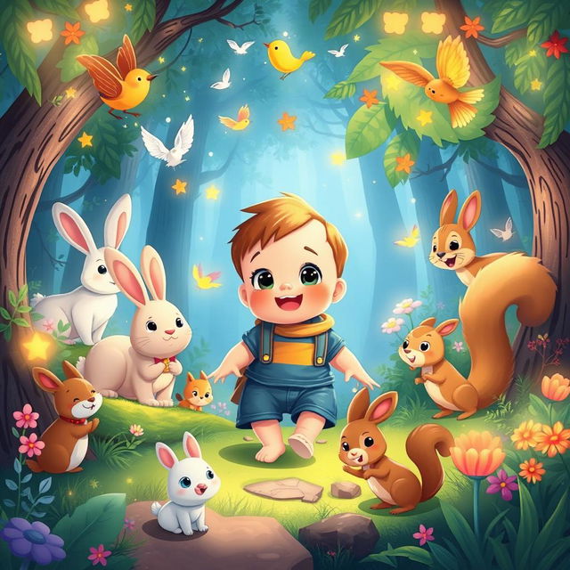 A delightful and colorful cartoon scene of a 10-month-old toddler boy named Benjimen on an adventure in a magical forest