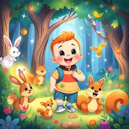 A delightful and colorful cartoon scene of a 10-month-old toddler boy named Benjimen on an adventure in a magical forest