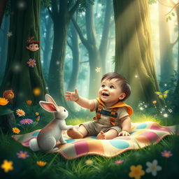 An enchanting children’s story scene depicting a toddler boy around 10 months old, sitting joyfully on a colorful blanket amidst the lush greenery of a magical forest